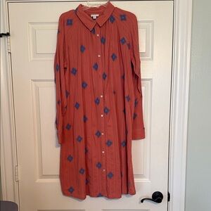 J. Jill coral Long Sleeve Dress with Blue Patterns